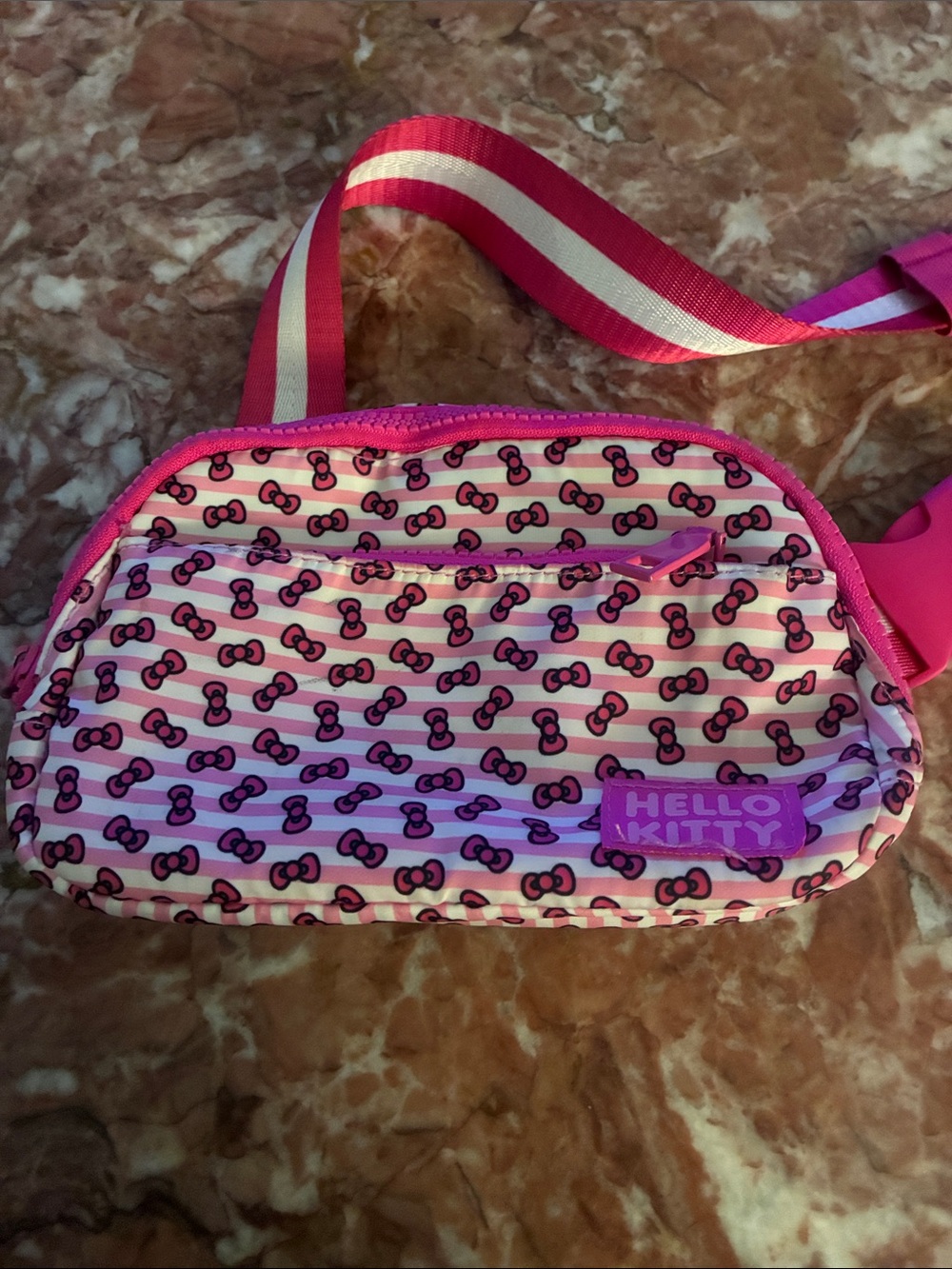 Hello Kitty Pink Bow Pattern Kids Crossbody Bag with Striped Strap